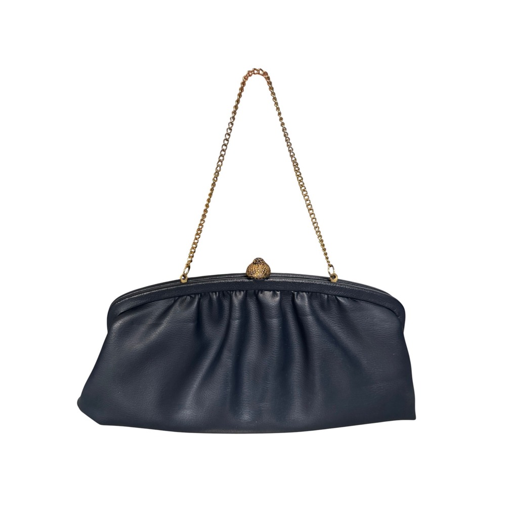 Navy Blue Pleated Faux Leather Clutch Bag Gold Chain Kiss Lock Floral Lining